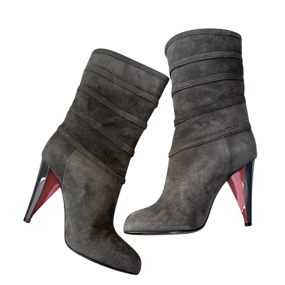 John Richmond Suede Stiletto Booties Gray 5.5 | Chic Italian Glam Red Heel NWOB - Picture 1 of 9